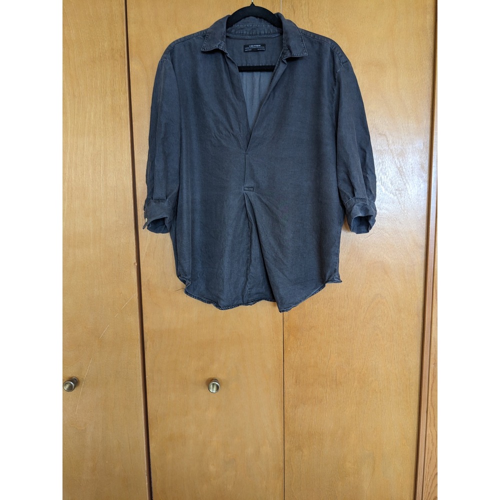 Zara Woman Premium Denim Lyocell Tunic Top Grey V-Neck 3/4 Sleeve‎ Blouse Medium